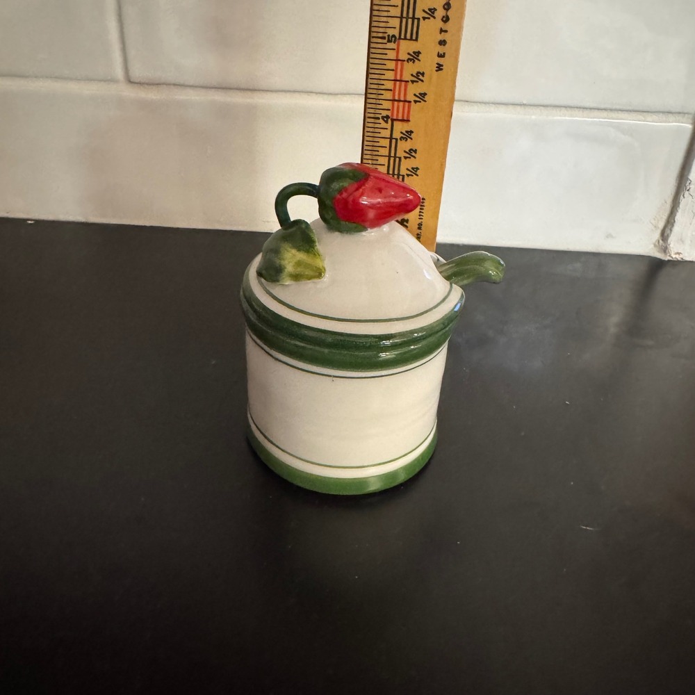 Costa Jam Jar Cream Green Italian Ceramic Strawberry Lid Spoon Fatto a Mano - Picture 7 of 7